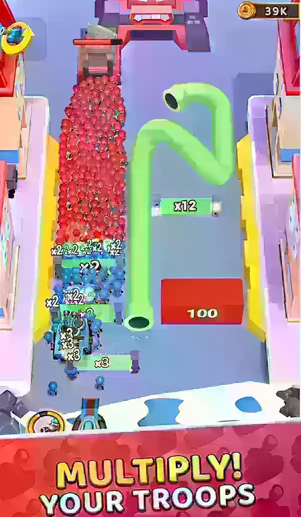 Screenshot Grunt Rush yang menunjukkan unit biru membuat jalan melalui pintu pengganda.