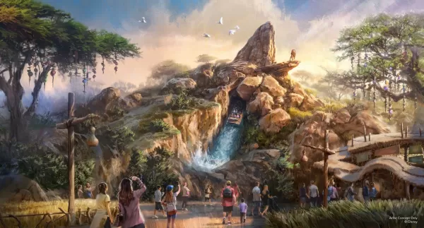 Konsepto na imahe ng pagsakay sa Lion King na nagtatampok ng batang Simba, Timon, at Pumbaa sa isang setting ng gubat.