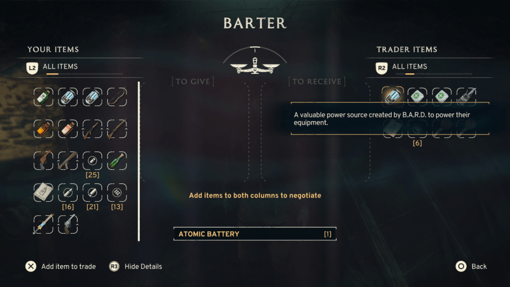 Bartering for Atomic Batteries in Atomfall