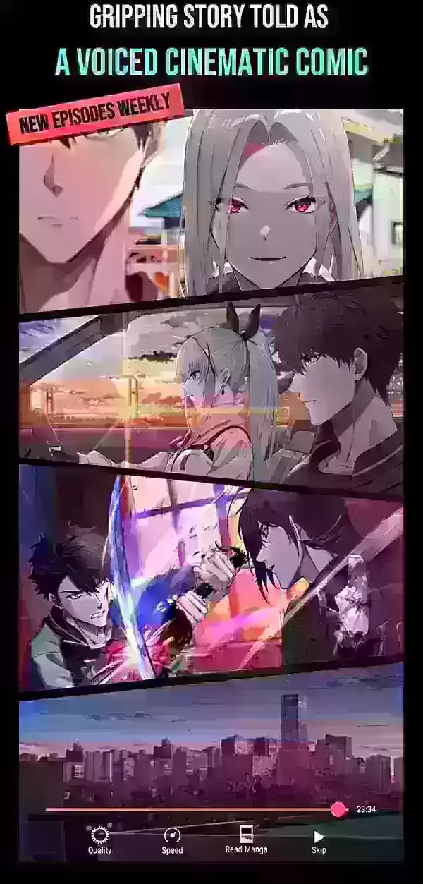 Uma captura de tela de vários painéis de quadrinhos dizendo que esta é parte de um jogo que apresenta uma história contada por meio de quadrinhos cinematográficos totalmente dublados.
