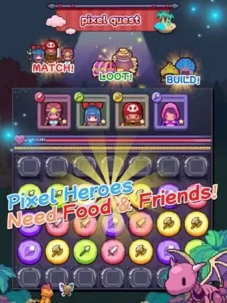 a match-3 grid with pixelated characters