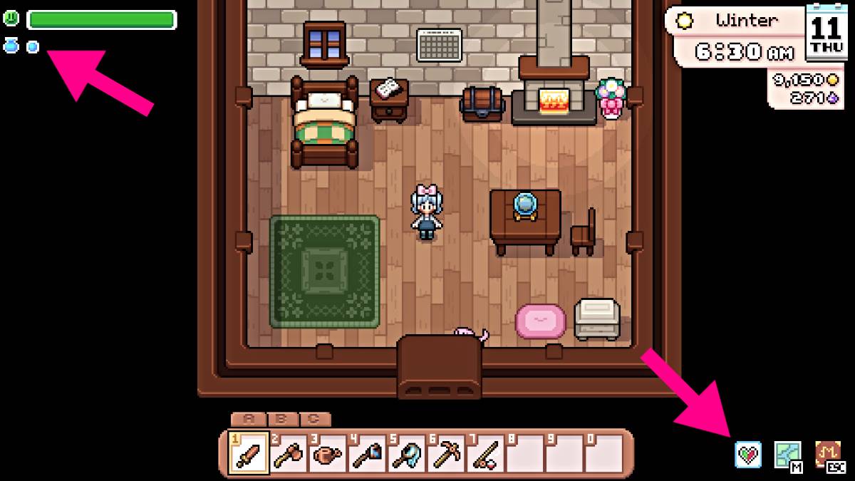 Interface de feitiços em Fields of Mistria