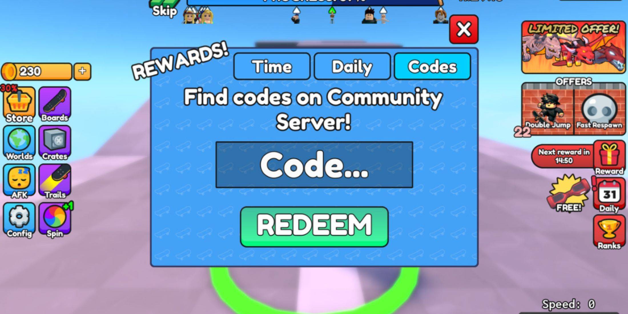 Redeeming Codes in Skateboard Obby