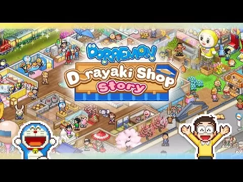 Farbenfrohe Retro-Spielscreenshots von Doraemon Dorayaki Shop Story