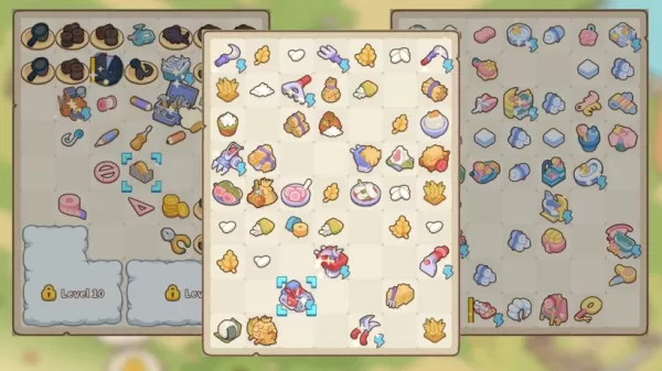 Merge Cat Town gameplay showing garden tools and mergeable items